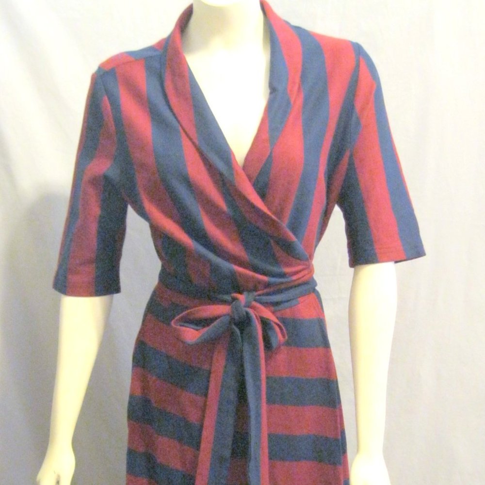 eshakti Navy and Red Striped Wrap Midi Dress